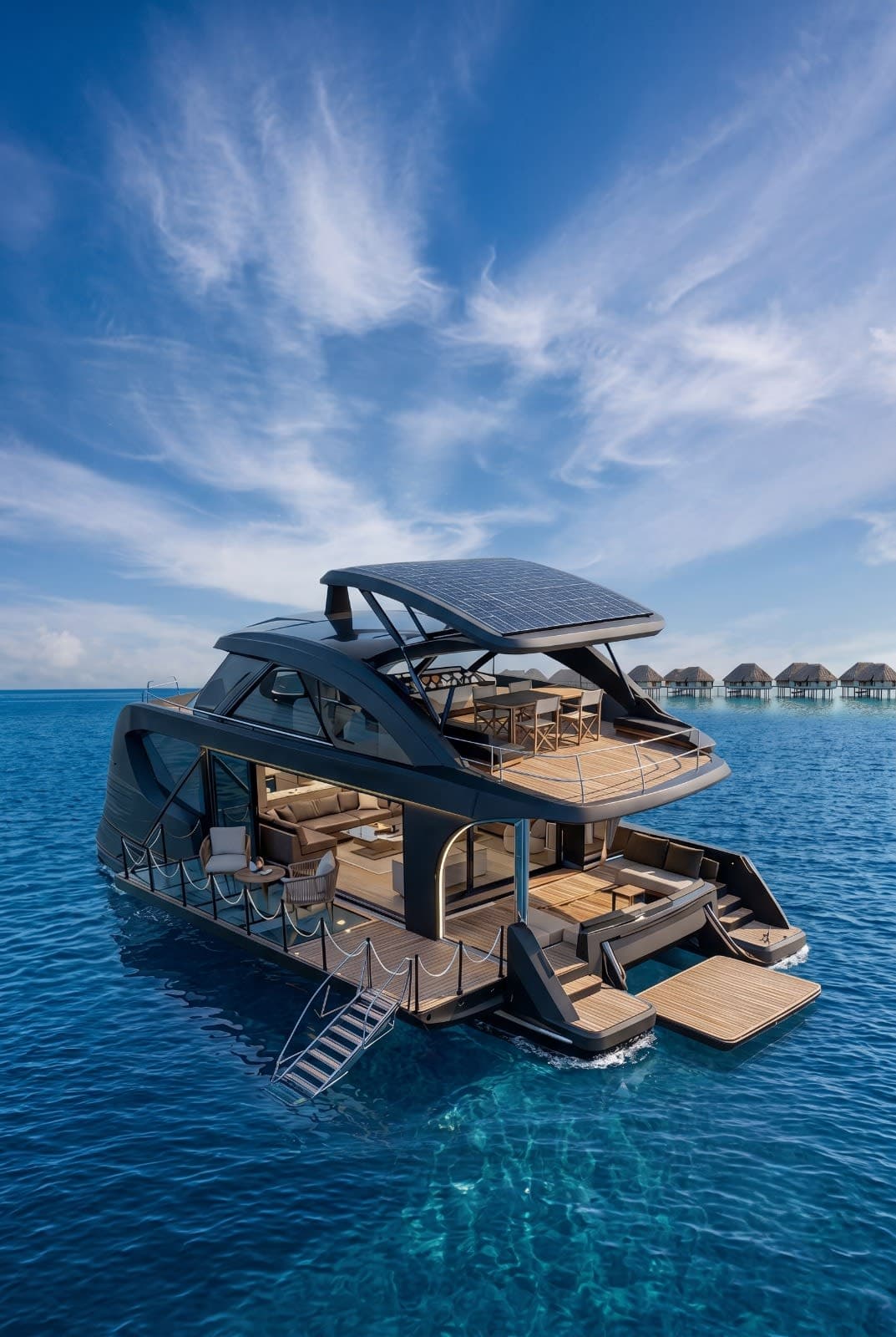 Luxury white yacht cutting through blue ocean at speed