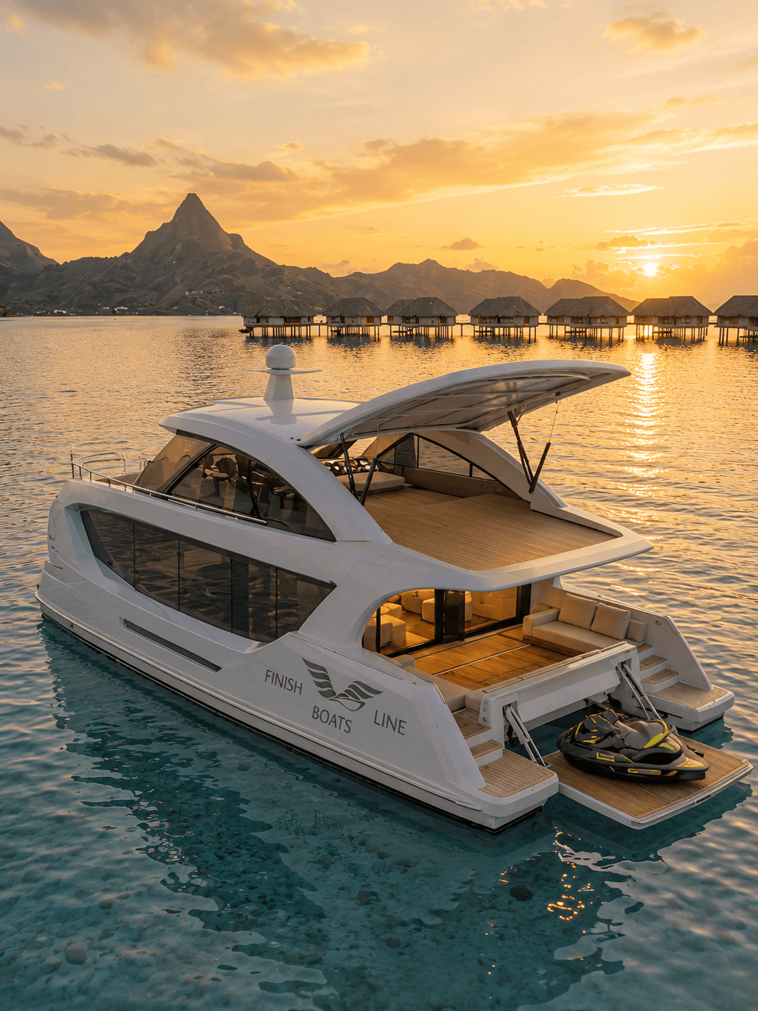 Zero emission luxury catamaran cruising at sunset